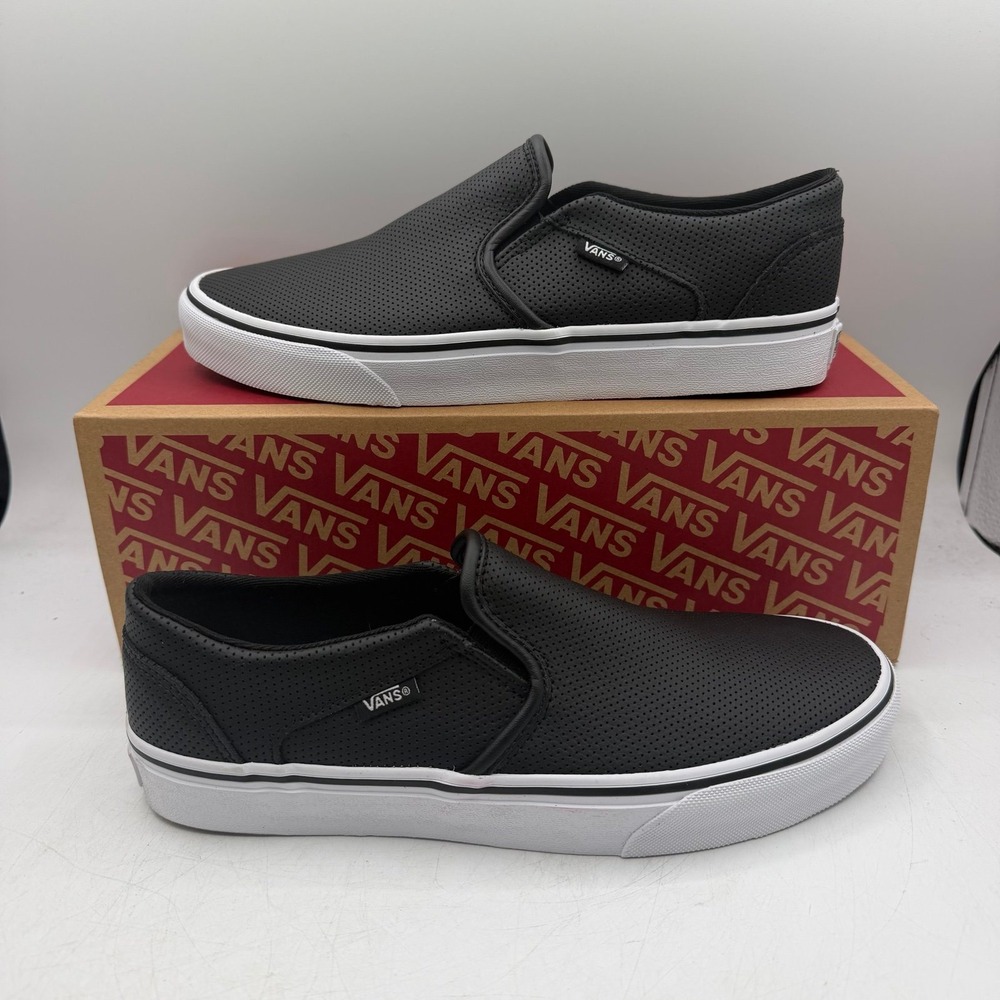 VANS Asher Perforated Shoes Womens Sz 10 Black Leather Slip On Loafers Sneakers